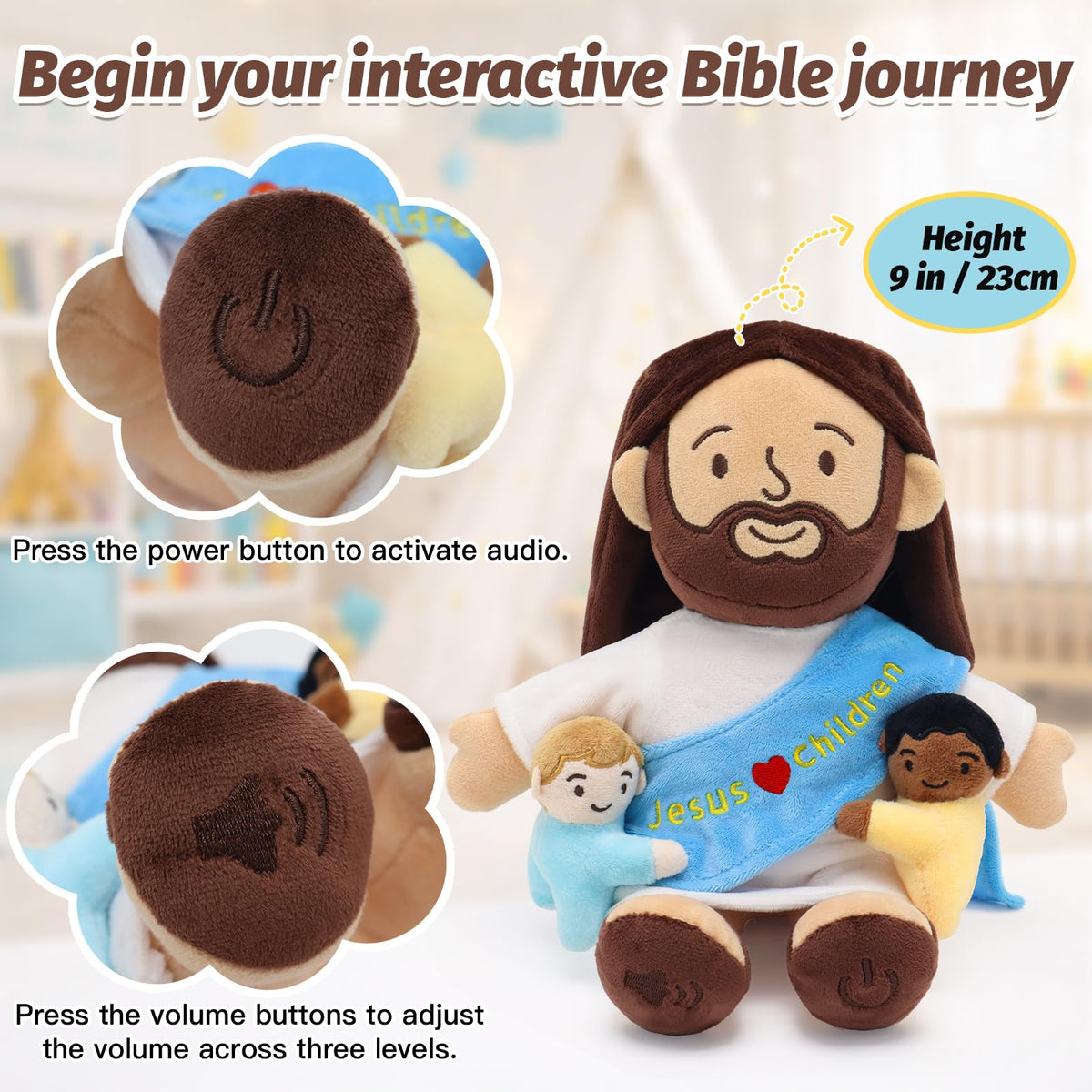 Yelakey Talking Jesus plush foot-button activates interactive audio for calm moments.