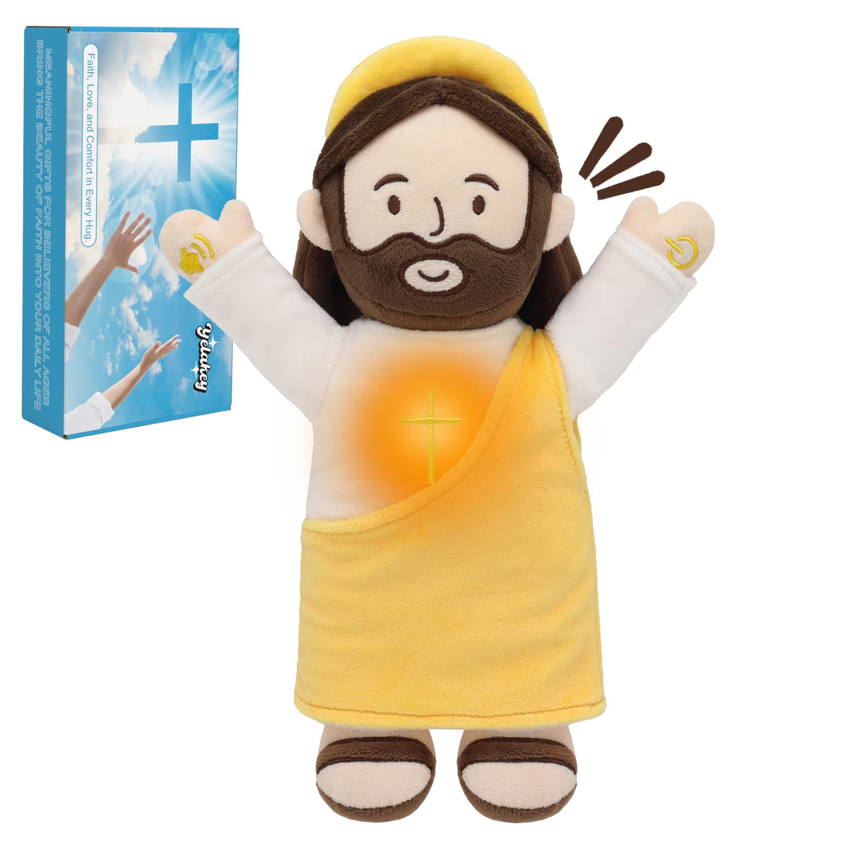 Yelakey Talking Jesus plush with glowing chest for gentle Easter decor.