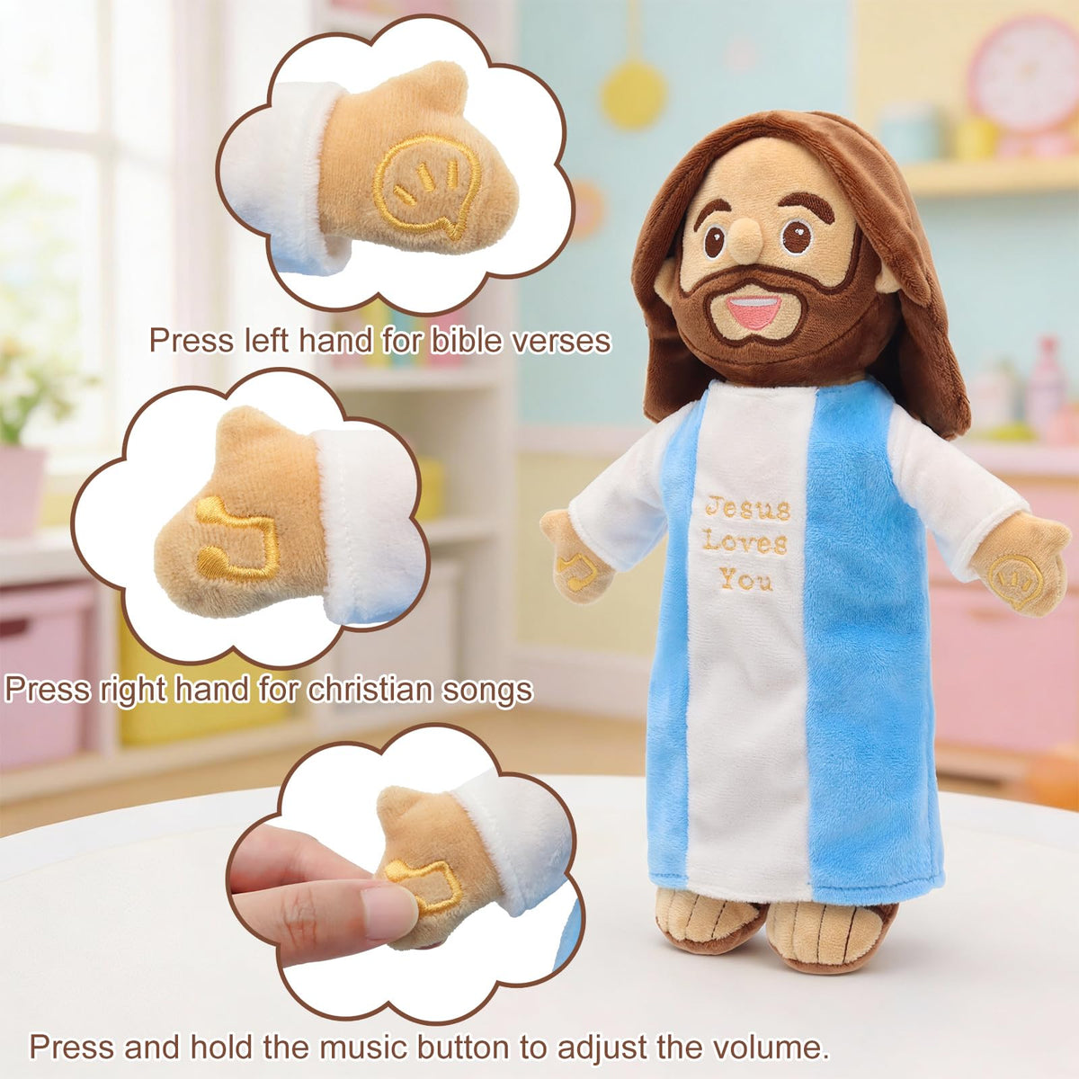 Yelakey Talking Jesus Plush hands designed for squeezing to trigger verses.