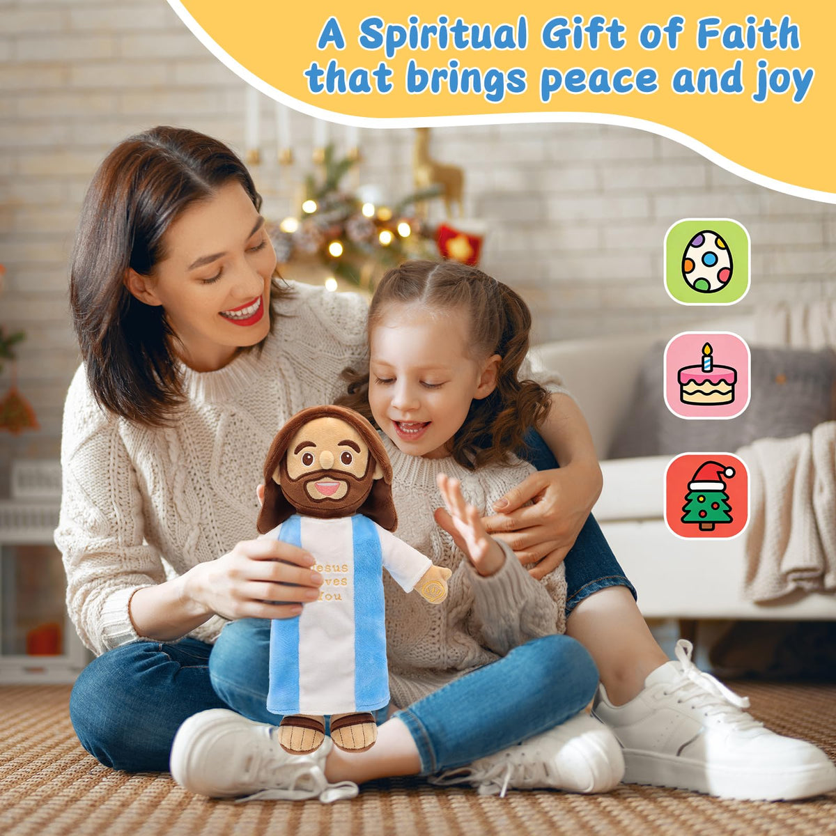 Yelakey Talking Jesus Plush sound button closeup to play songs.
