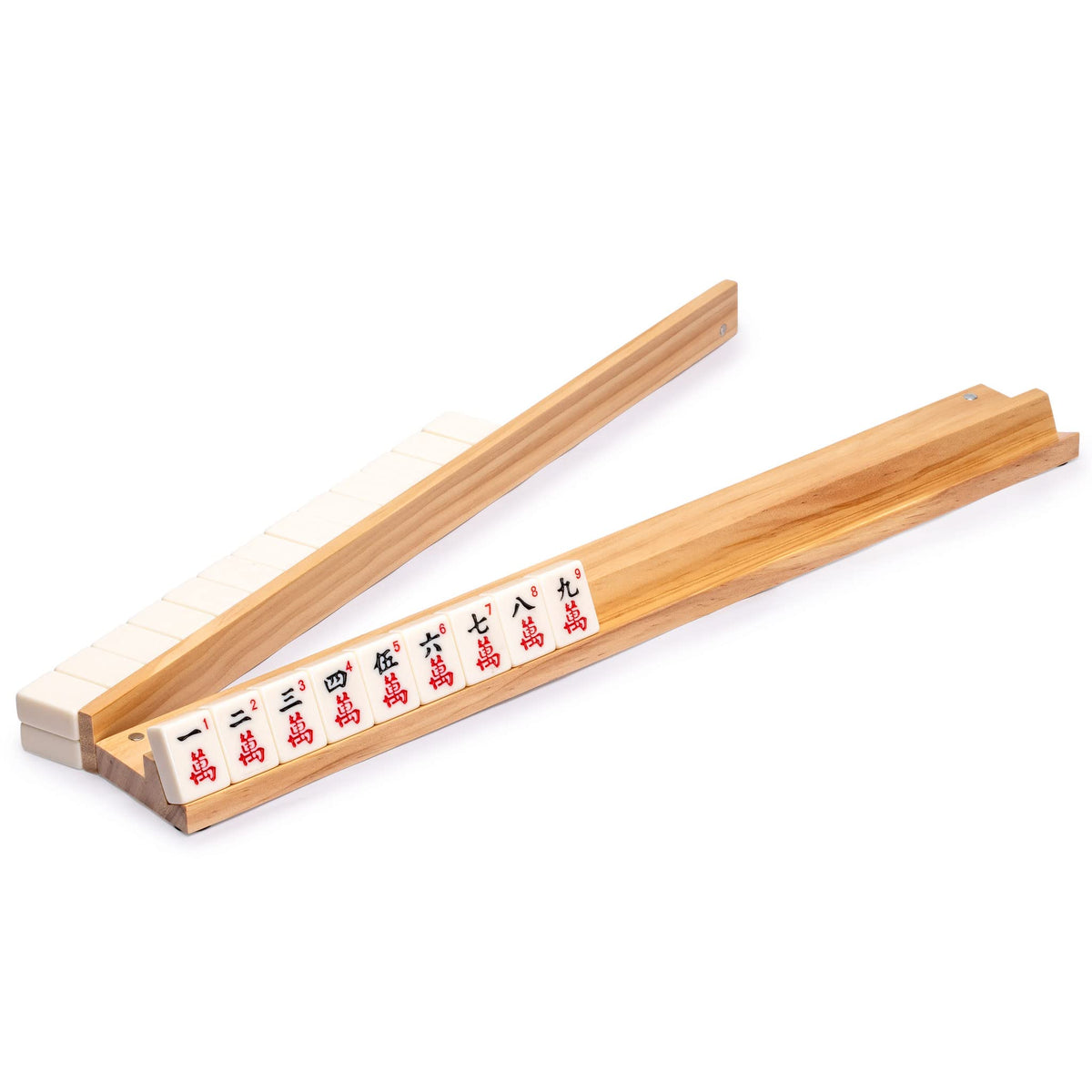 Yellow Mountain Imports 18-inch natural pine racks show a clean, organized mahjong station.