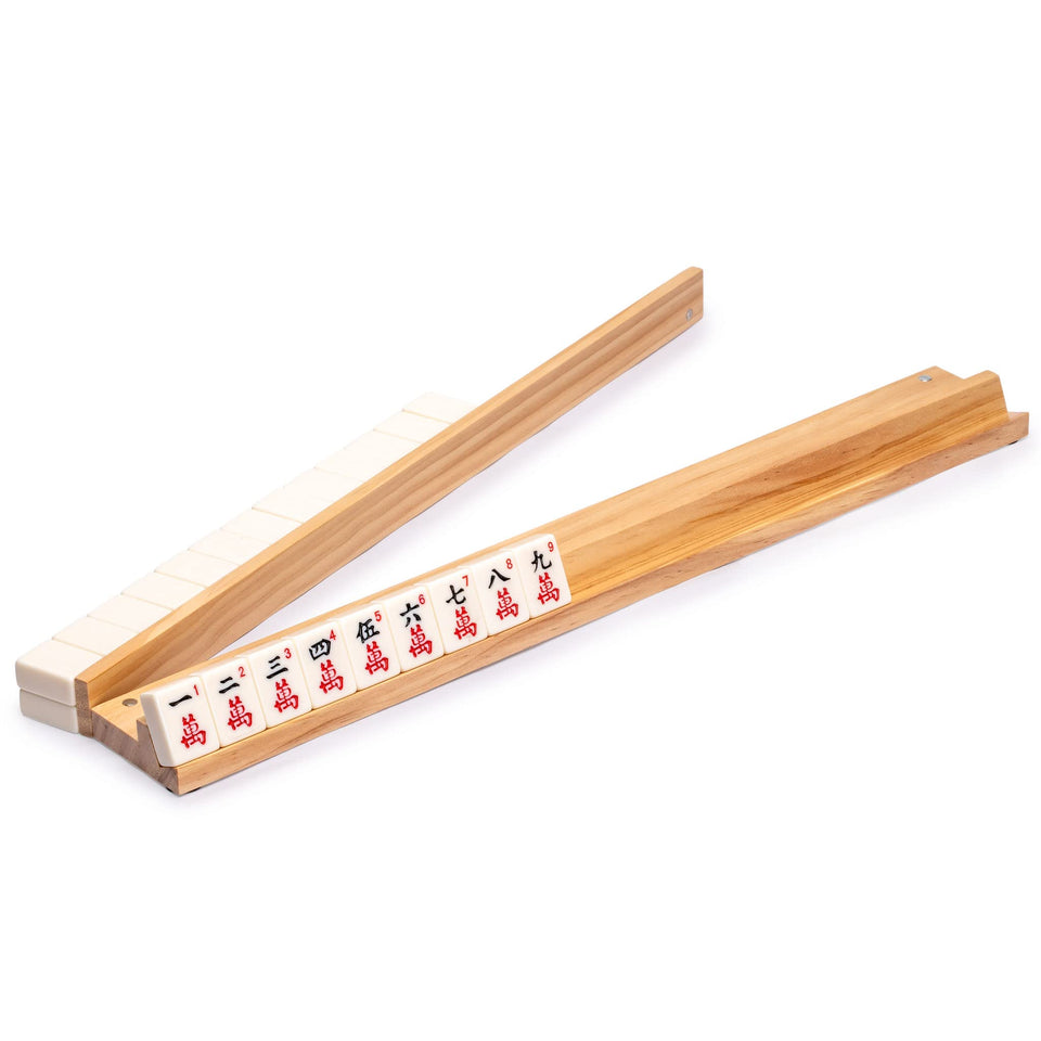 Yellow Mountain Imports 18-inch natural pine racks show a clean, organized mahjong station.