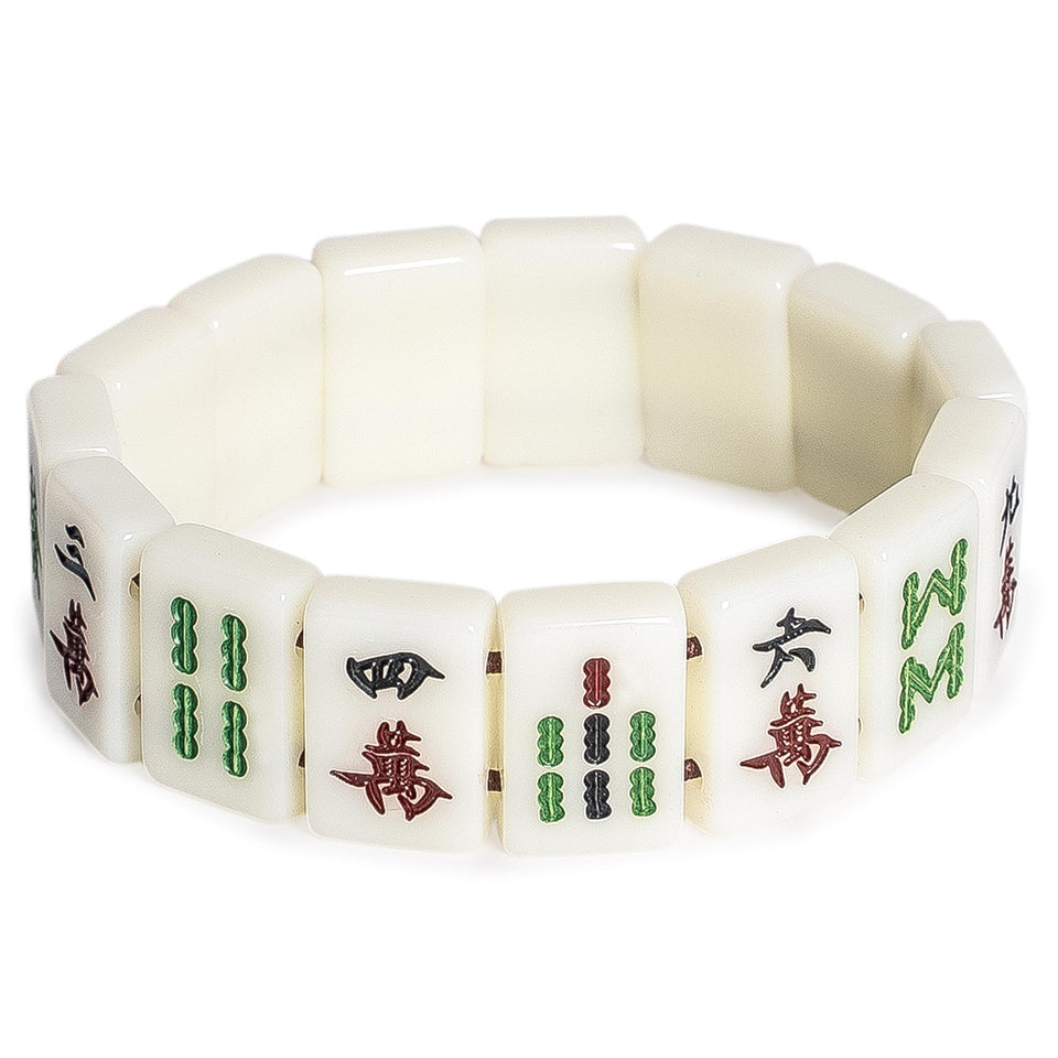 Yellow Mountain Imports mahjong mini tiles bracelet closeup, stylish accessory for game nights.