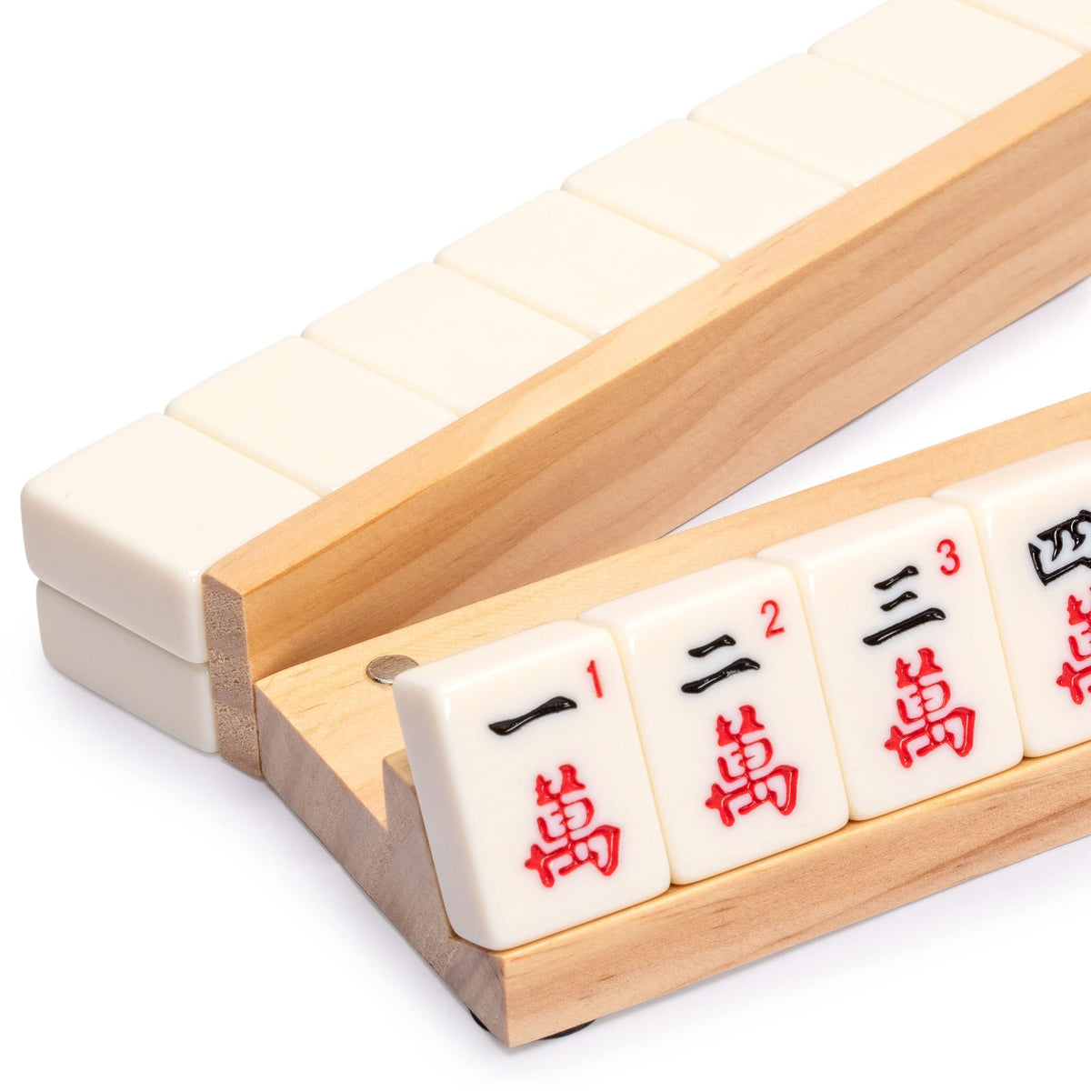 Yellow Mountain Imports mahjong racks with pushers demonstrate detachable pushers and magnetic storage.