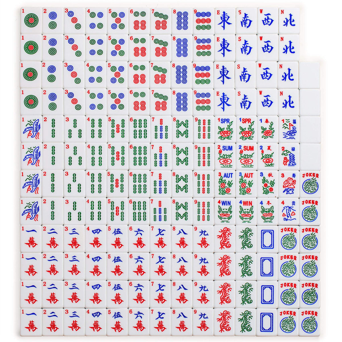 Yellow Mountain Imports mahjong tiles with varied suits and dragons for authentic play.