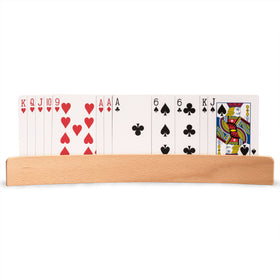 Four solid wood card holders support Canasta and Rummy sessions