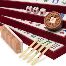Yellow Mountain Imports wooden veneer mahjong case keeps accessories organized.