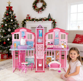 Yellow River doll house elevator promotes cooperative play with friends.