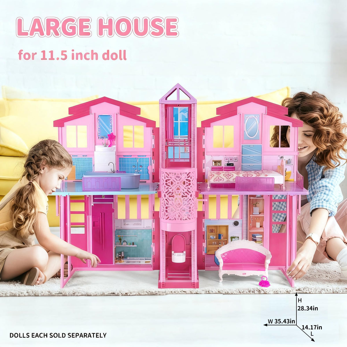 Yellow River doll house elevator spacious four-room layout supports imaginative storytelling.