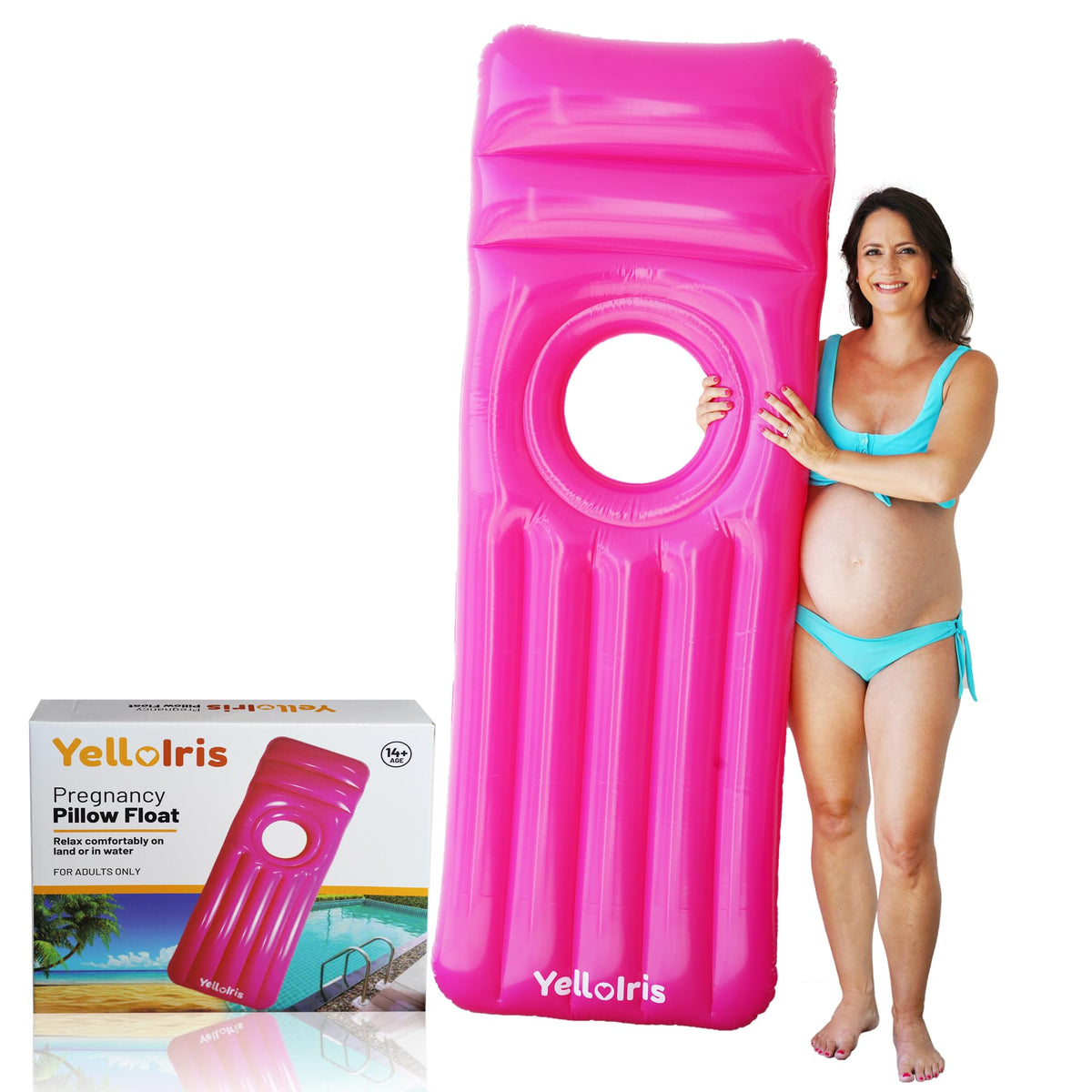 YellowIris pink pregnancy pool float with belly hole for comfortable belly-down relaxation.