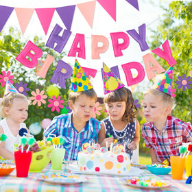 YEOCU birthday decor package includes banner, garland, and flags.