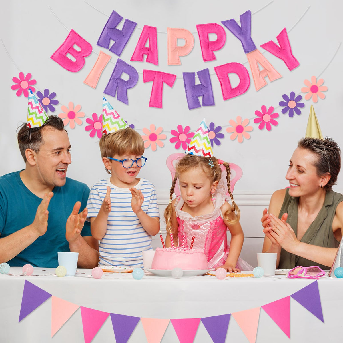 YEOCU fabric flower garland adds soft texture and festive color for photos.