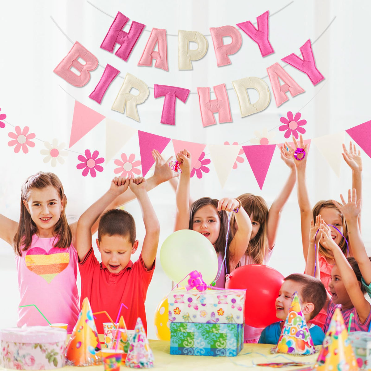 YEOCU pink and white setup suits all ages for joyful celebrations.
