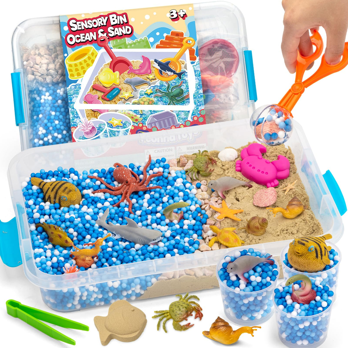 Yeonha Toys Ocean & Sand sensory bin with lid for portable, mess-free imaginative play.