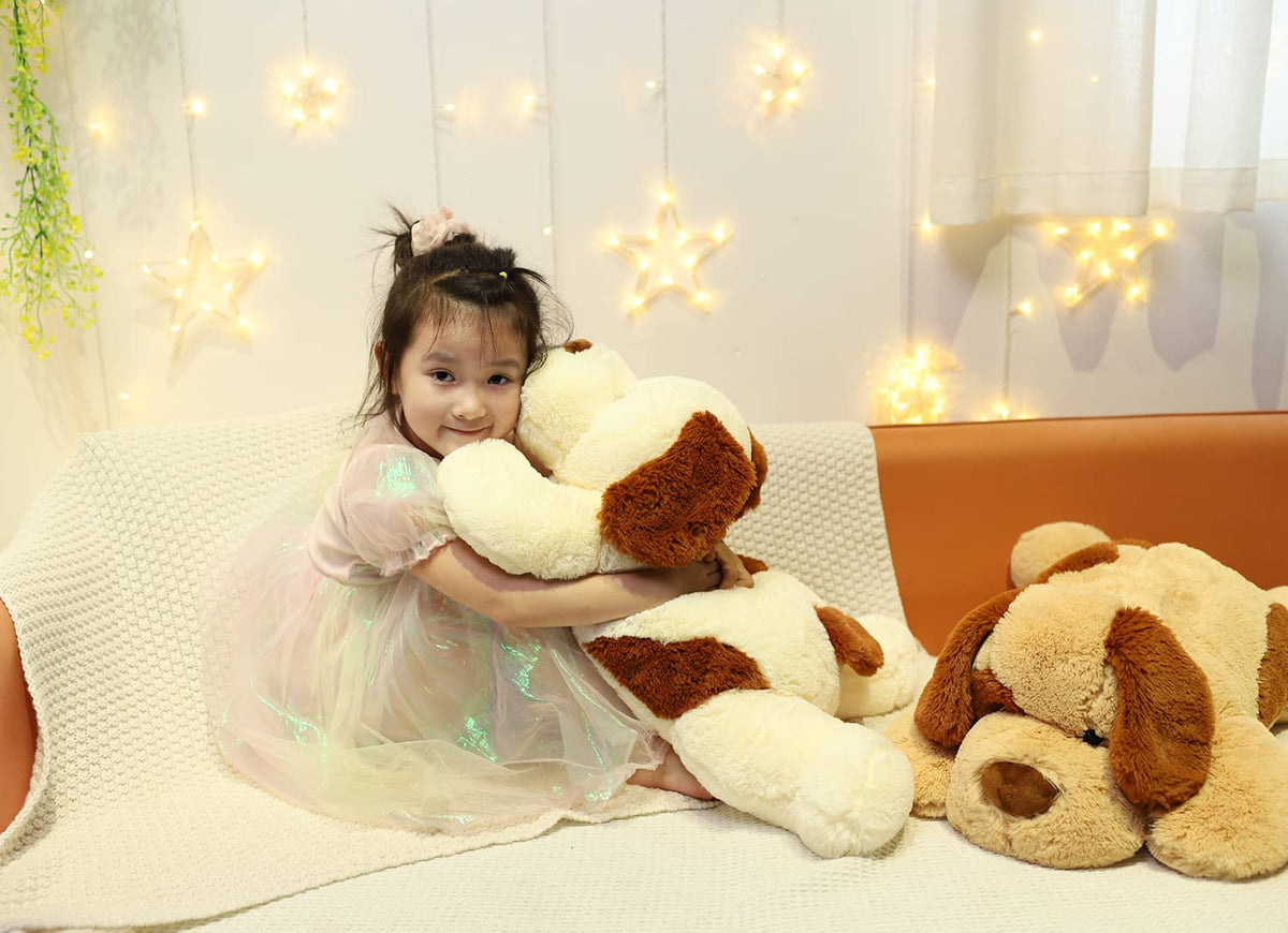 YesGIRL weighted dog plush shown in a cozy living room decor setting.