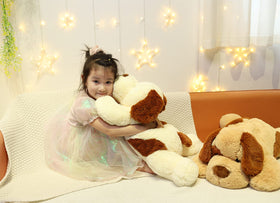 YesGIRL weighted dog plush shown in a cozy living room decor setting.