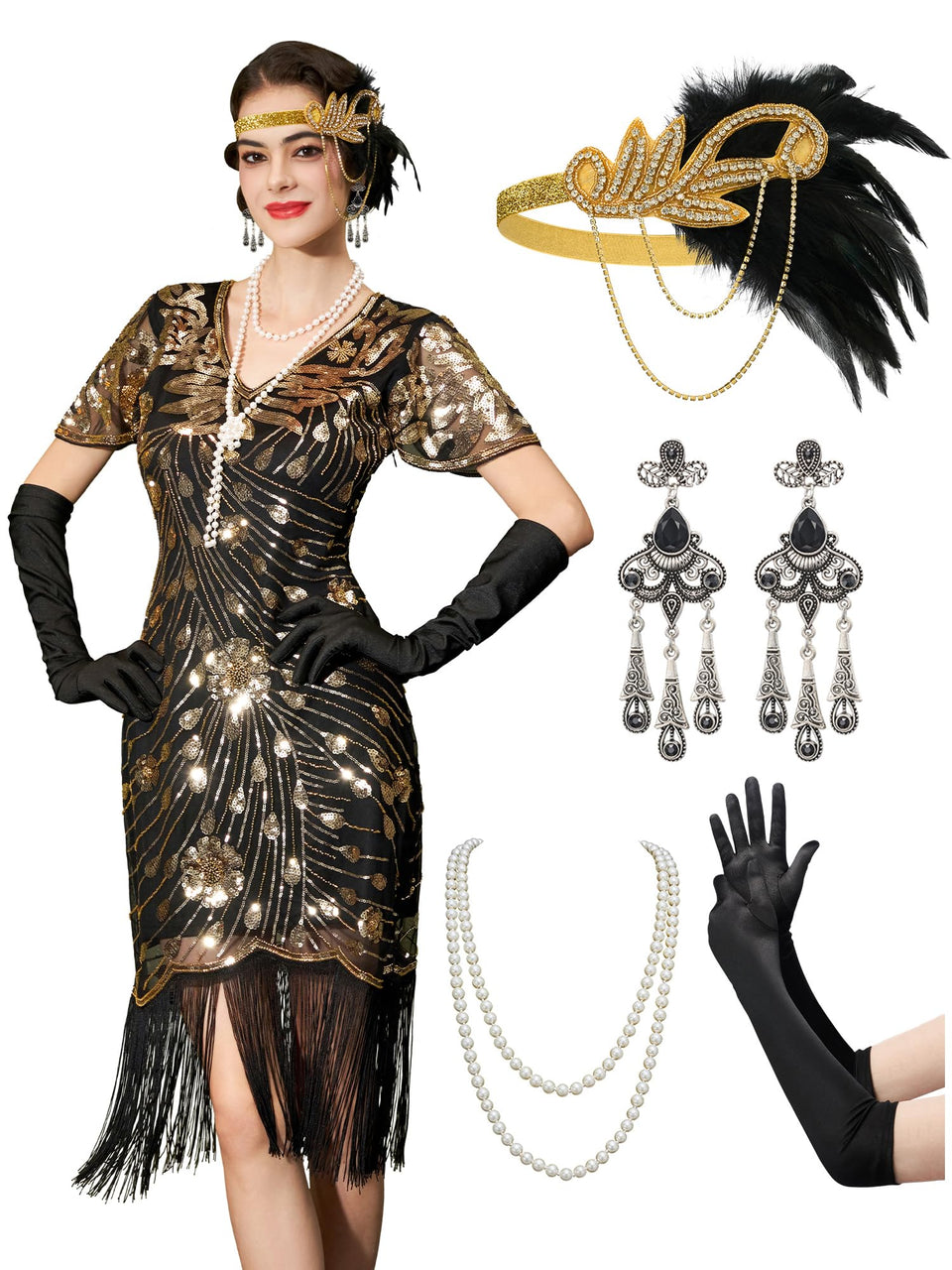 YESSA flapper dress front view in black gold, ideal for roaring twenties events
