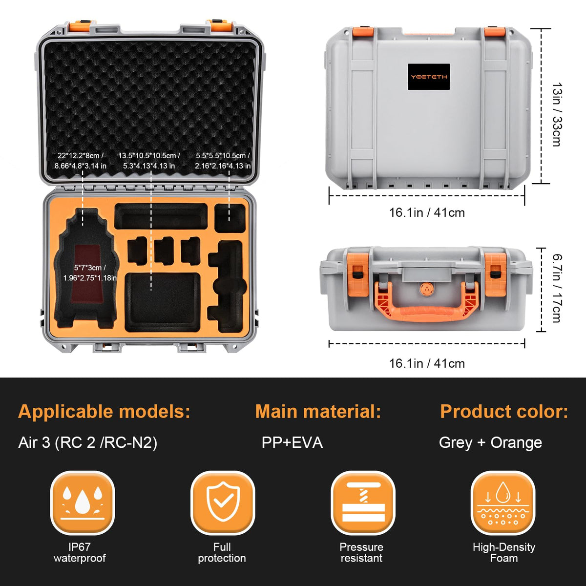 Exterior with handle and dimensions on YETEETH DJI Air 3S case