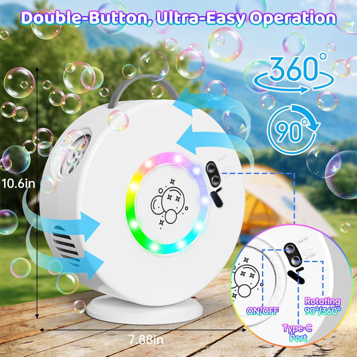 Yevohadt Bubble Machine, 360-degree rotation, ideal for parties and gatherings.