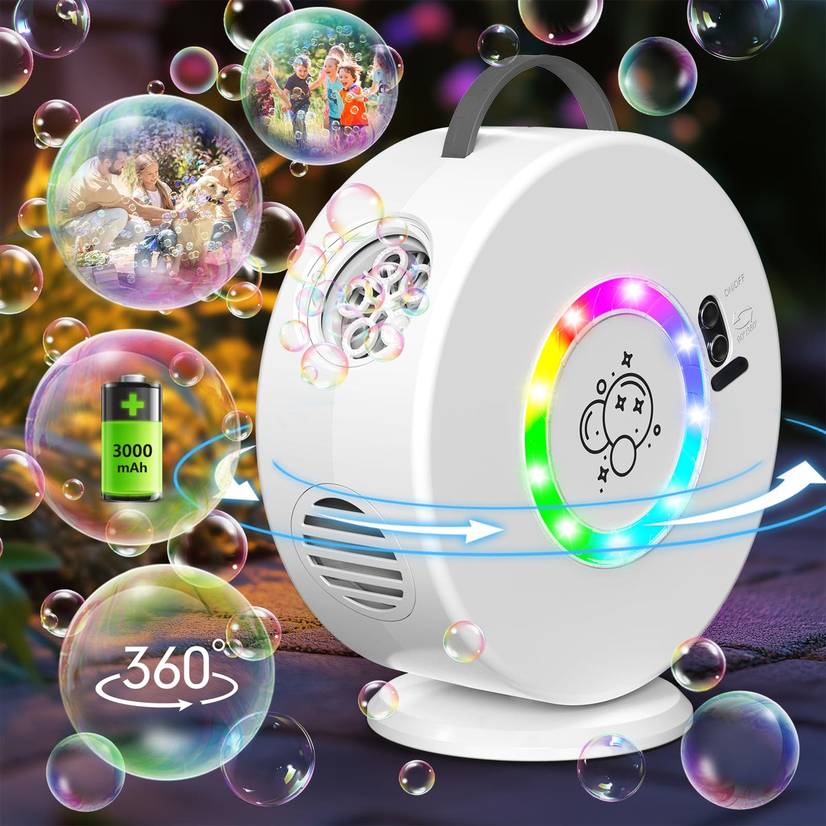 Yevohadt Bubble Machine, 90-degree rotation, covers large play spaces with dynamic motion.