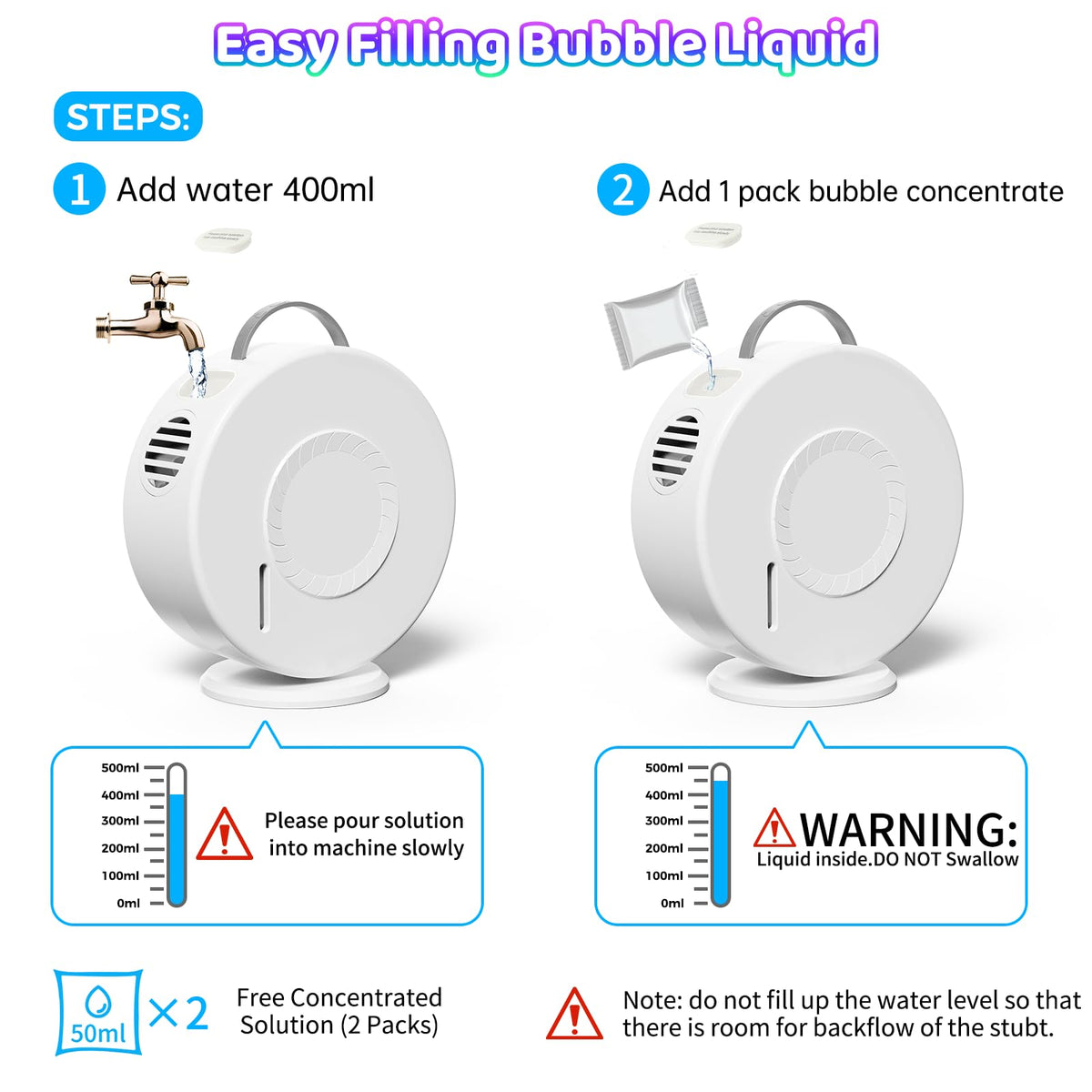 Yevohadt Bubble Machine features portable handle and simple two-button operation for kids.