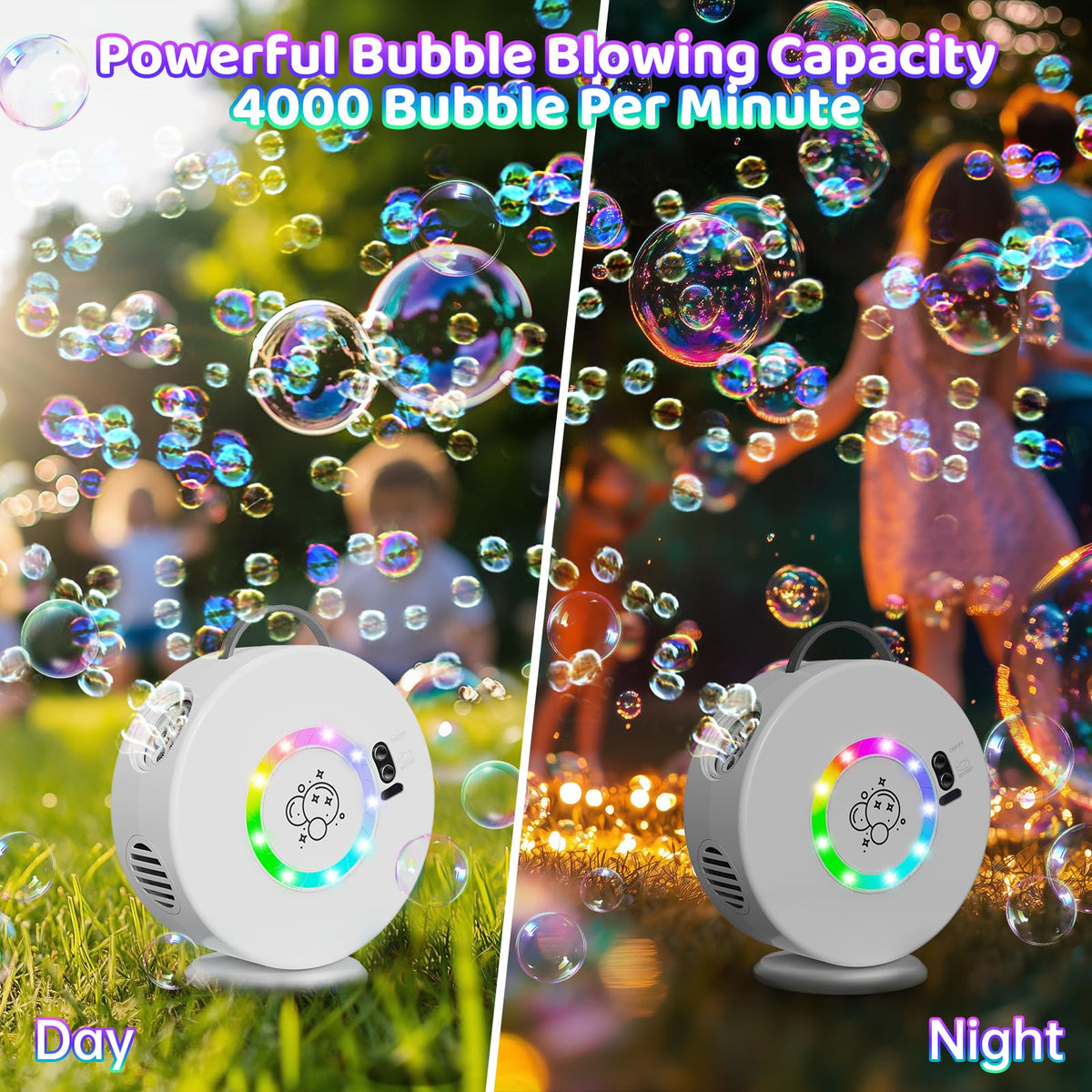 Yevohadt Bubble Machine with RGB lights for vibrant festive ambience.