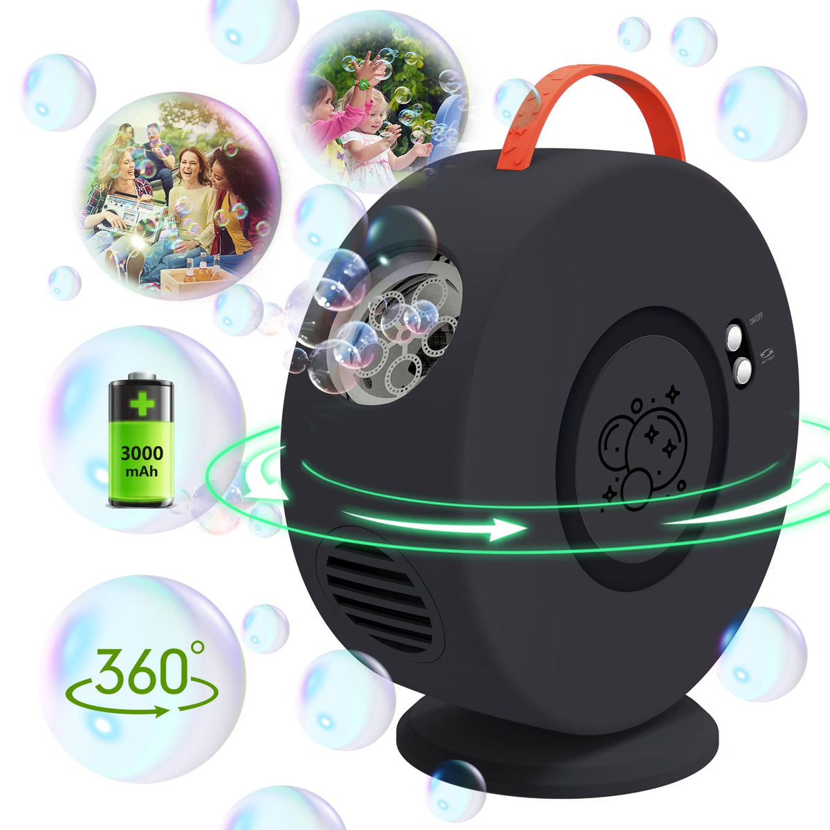 Yevohadt bubble machine rotates 90° for dynamic outdoor parties.