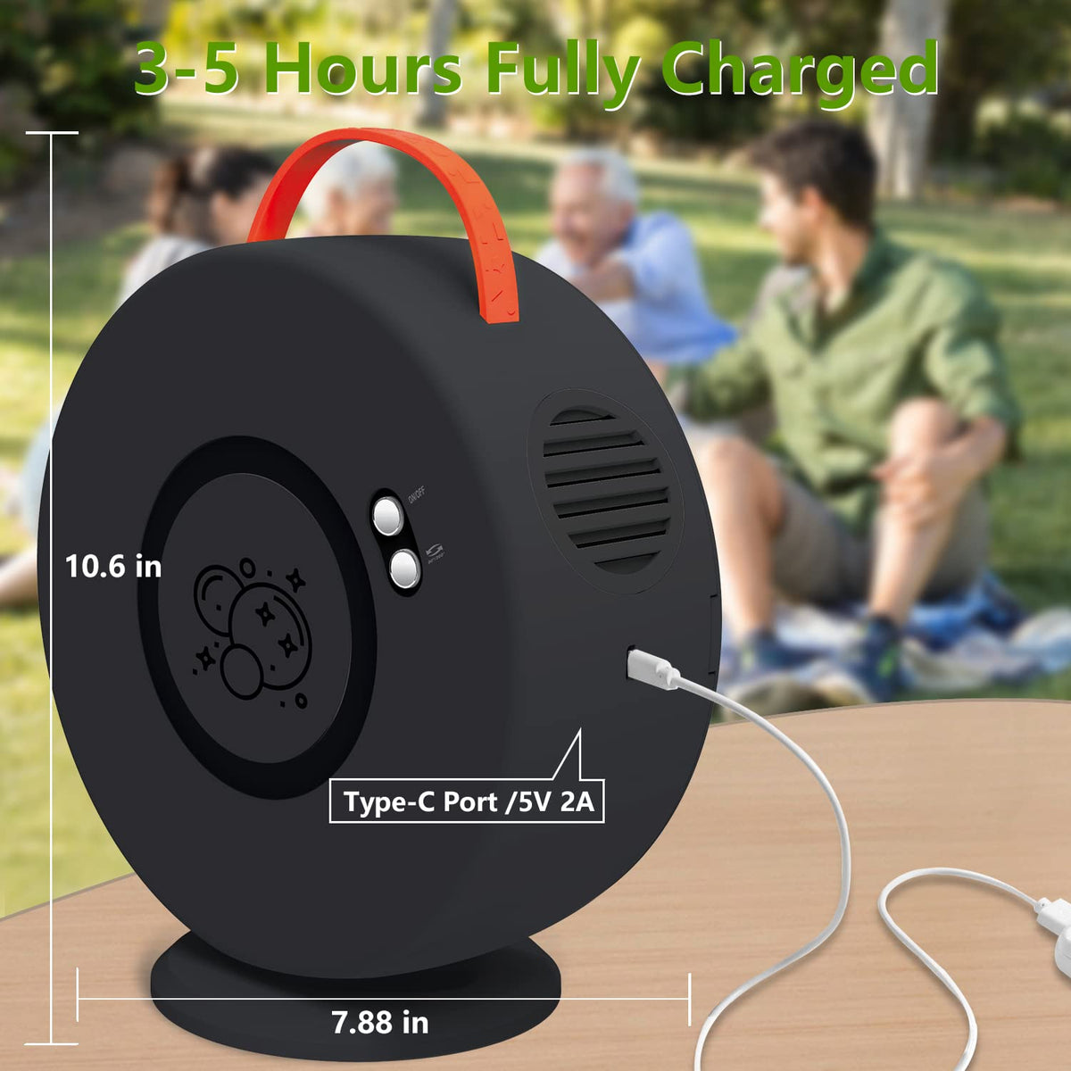 Yevohadt bubble machine has two-button control and visible water level.