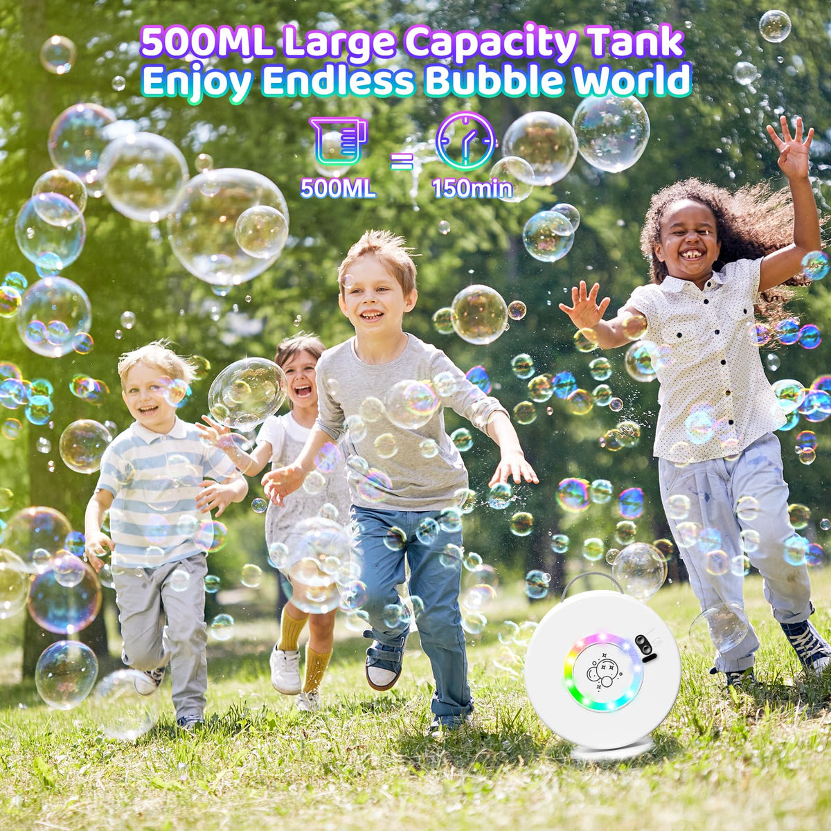 Yevohadt Bubble Machine's visible water tank helps you track solution.