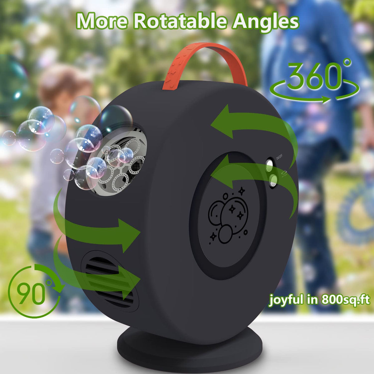 Yevohadt bubble machine with 360° wraparound output for wide-area coverage.