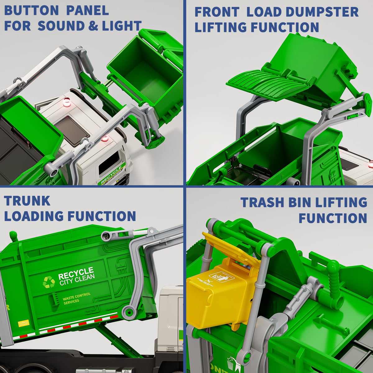 Yewkou garbage truck toy cab opens for realistic access and exploration.