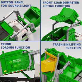 Yewkou garbage truck toy cab opens for realistic access and exploration.