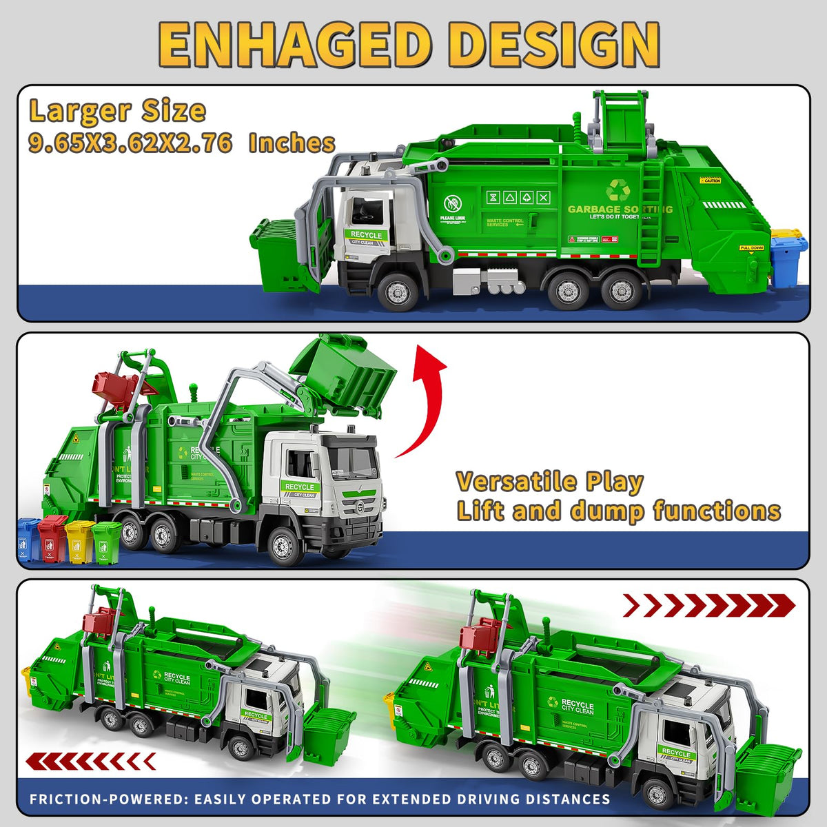 Yewkou garbage truck toy compact size fits small hands for easy play.