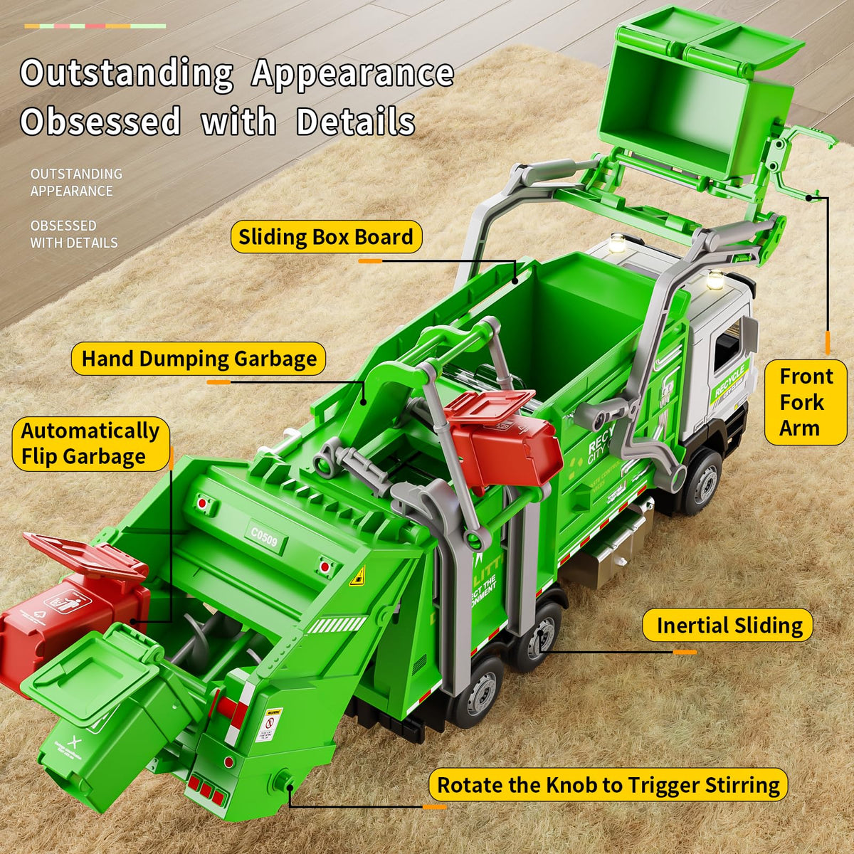 Yewkou garbage truck toy dumpsters set enhances sorting pretend play.