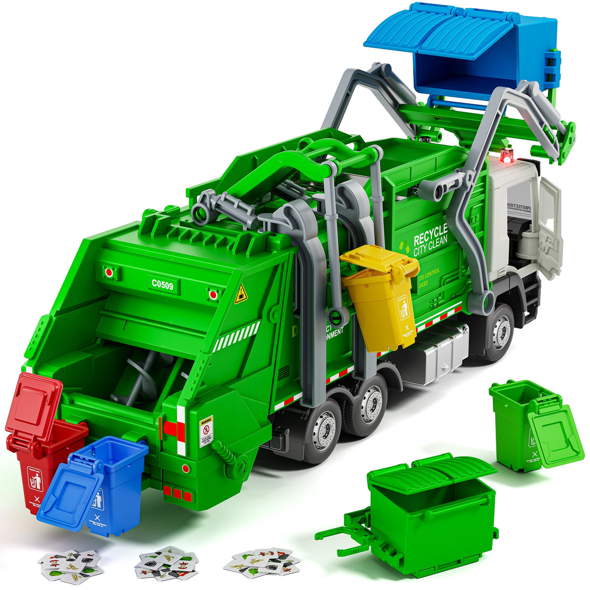 Yewkou garbage truck toy with front loader promotes imaginative cleanup play.