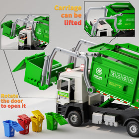 Yewkou garbage truck toy pouring action demonstrates interactive loading into the carriage.