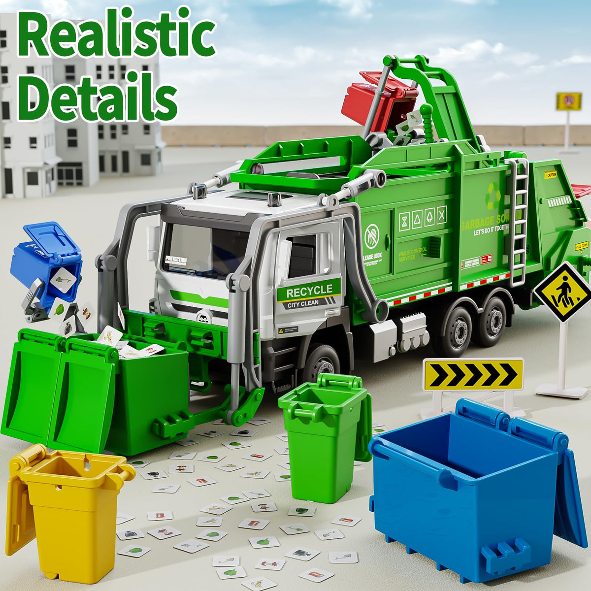 Yewkou garbage truck toy with side bin enables versatile dump-and-pour action.