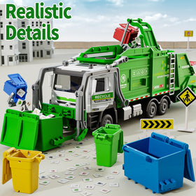 Yewkou garbage truck toy with side bin enables versatile dump-and-pour action.