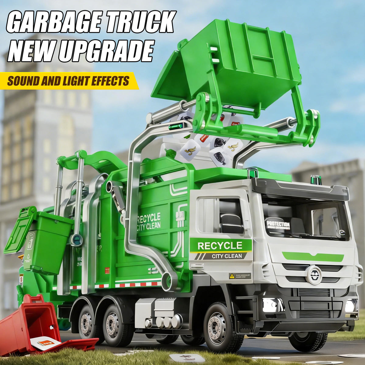 Yewkou garbage truck toy includes 60 sorting cards to teach categorization.
