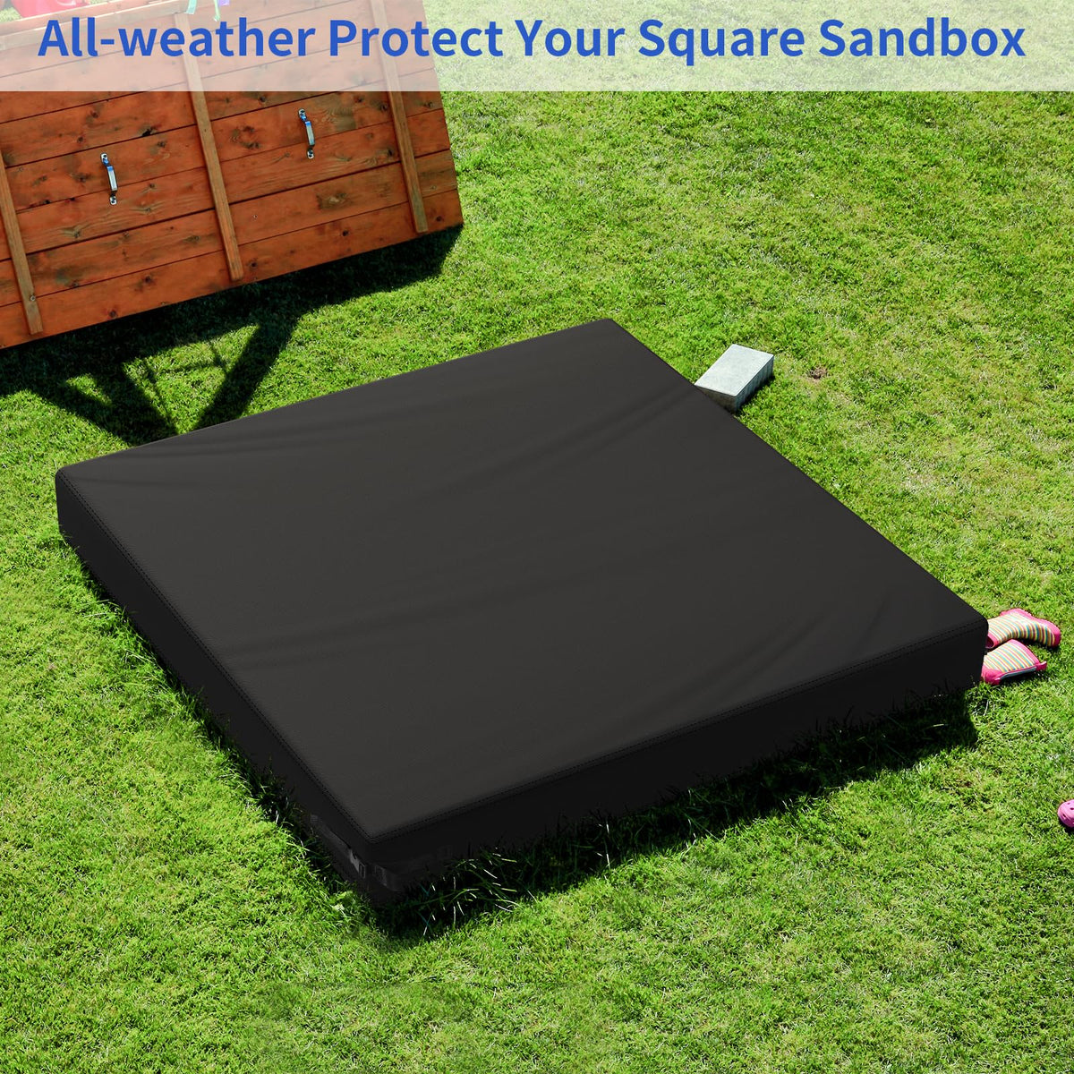 Yexcend Sandbox Cover showing buckle straps securing corners against wind.