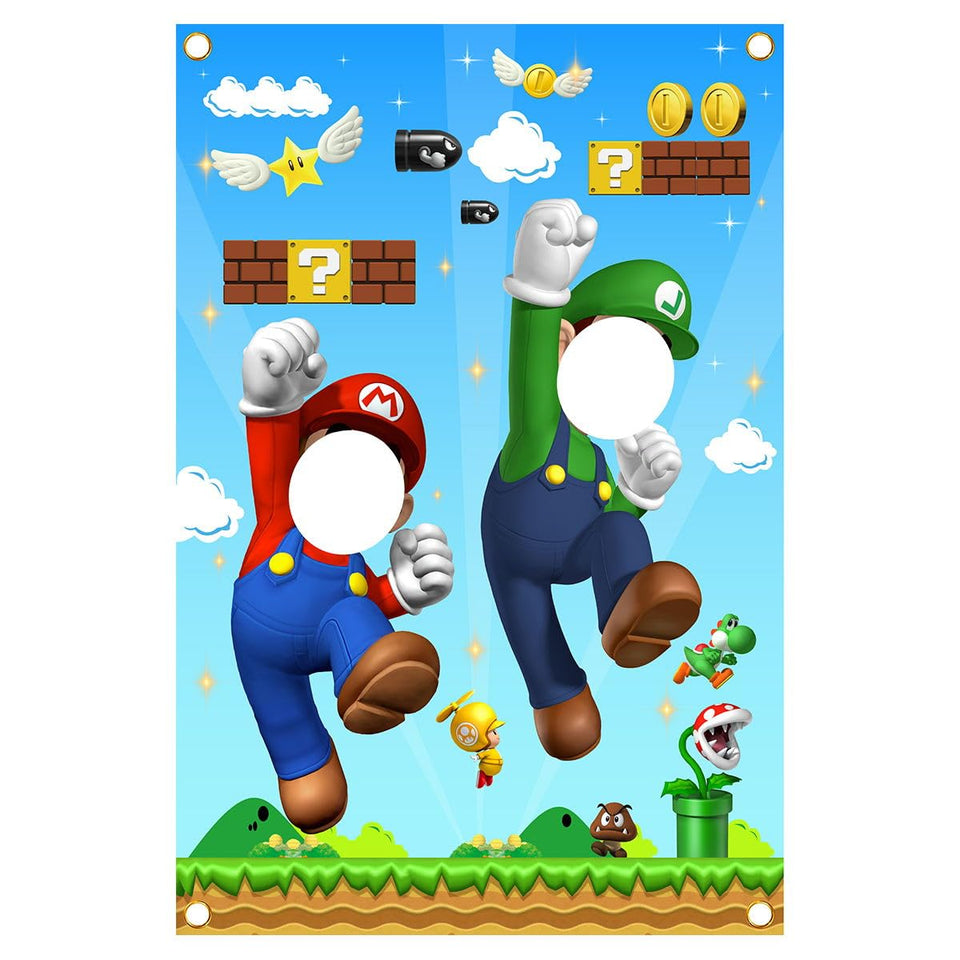 YEZHENSS Mario Photo Door Banner featuring a bold Mario face for instant party vibes