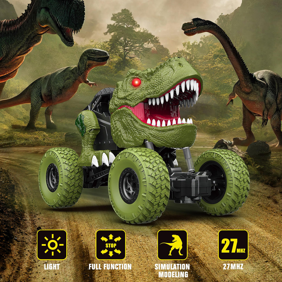 YEZI dino-truck 4WD off-road performance on lawn and gravel.