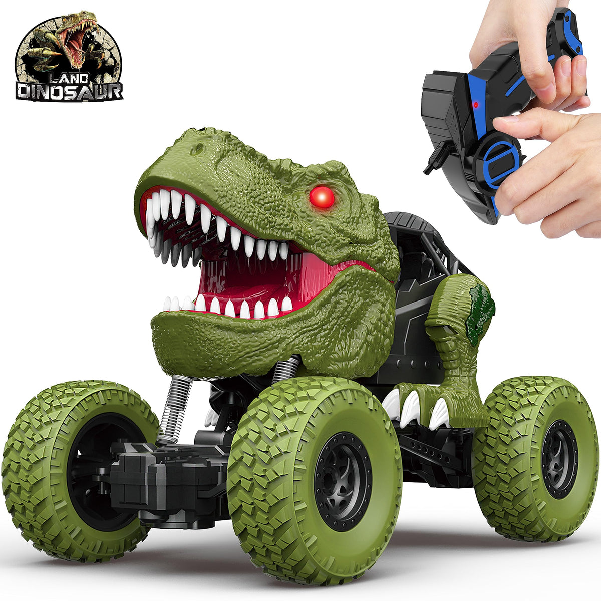 YEZI remote control dinosaur car with LED headlights for indoor and outdoor play.