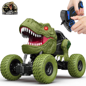 YEZI remote control dinosaur car with LED headlights for indoor and outdoor play.