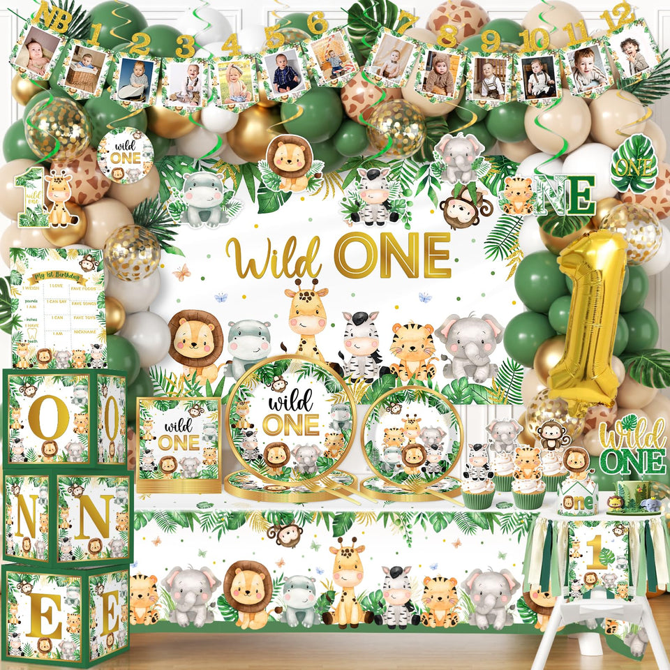 YGCTBVY wild decorations banner displays milestone photos for safari first birthday