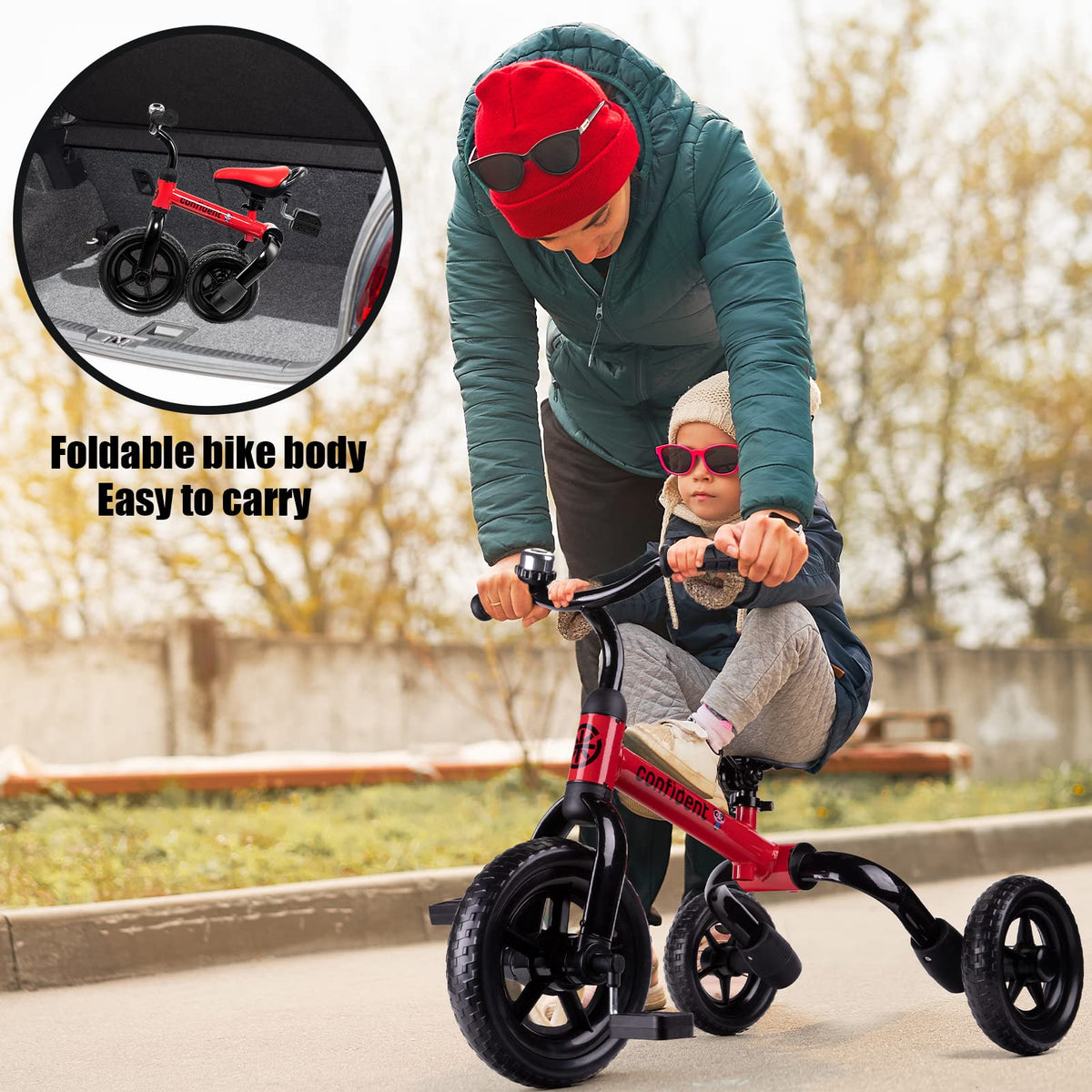 YGJT 3 in 1 Tricycle red side view folded design for easy storage