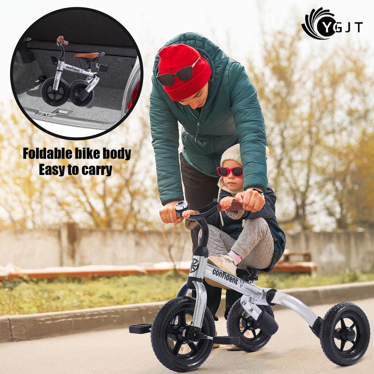 YGJT 3-in-1 Tricycle adjustable seat for growing children and comfy riding.