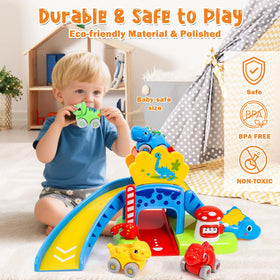 YGJT four dino cars on track engaging in active play.