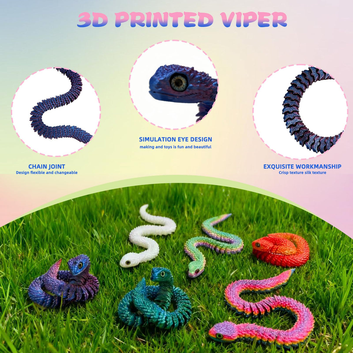 YHBWSM PLA snakes 3D printed with movable joints for dynamic display.