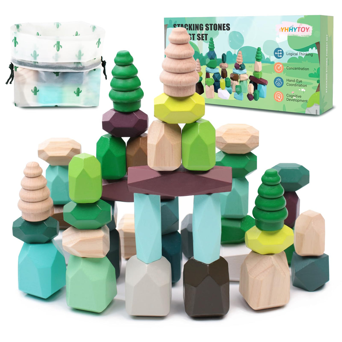 YHHYTOY wooden stacking stones set of 40 pieces for sensory play and learning.